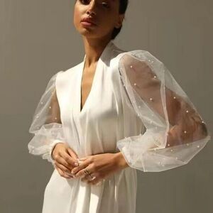 Bridal Getting Ready Robe White Medium Sheer Sleeves with pearl embellishments